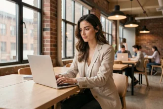 Entrepreneuse travaillant dans un espace de coworking à Vincennes avec un laptop sur un bureau en bois partagé