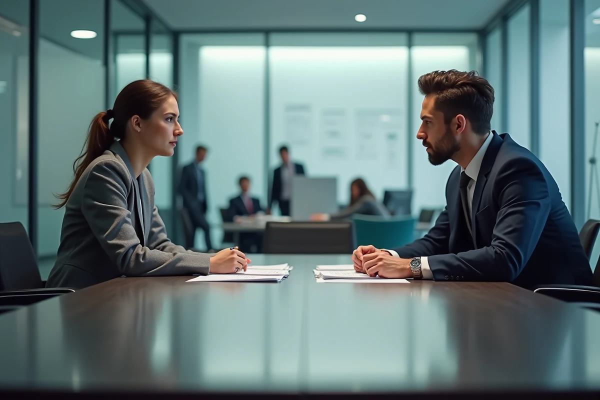 Réunion tendue entre un responsable RH et une salariée lors d'un entretien préalable au licenciement pour faute grave en entreprise
