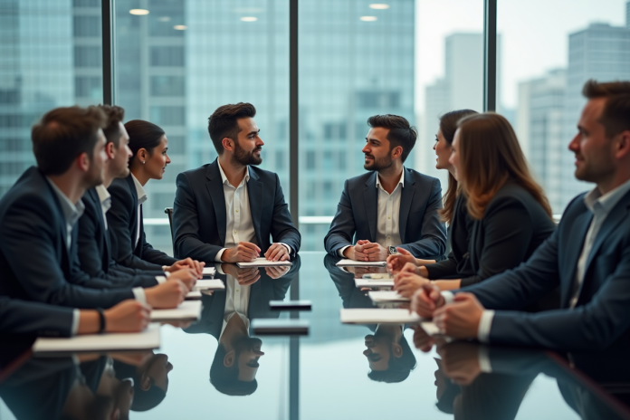 equipe-affaires-conference Groupe de professionnels en réunion d'affaires