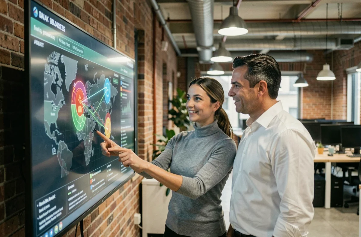 Deux collègues analysant une carte de simulation de violation de données sur un écran mural tactile dans un bureau open-space de startup tech