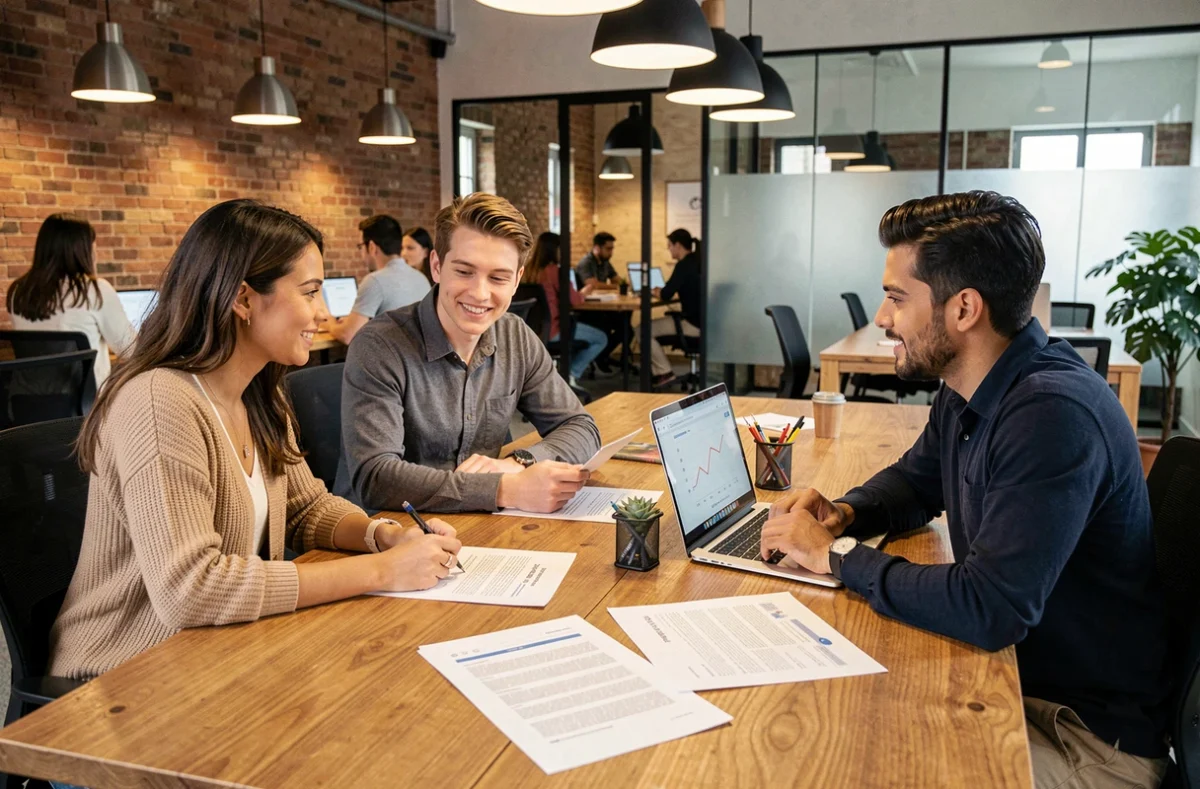 Équipe de jeunes professionnels collaborant autour d'un modèle de business en ligne dans un espace de coworking
