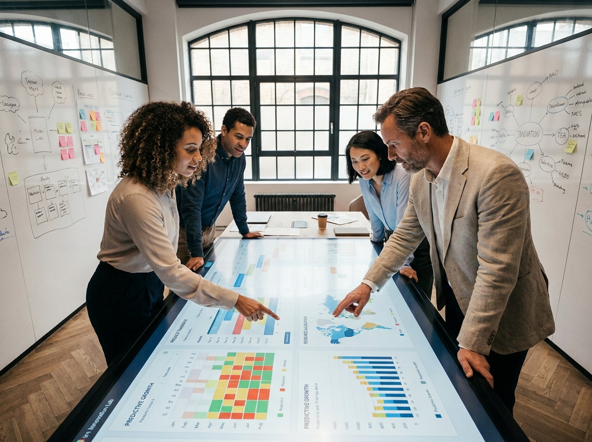 Équipe de professionnels en collaboration autour d'une table tactile affichant une interface de planification stratégique alimentée par l'intelligence artificielle