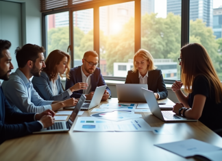 Groupe de professionnels collaborant autour d'une table de réunion