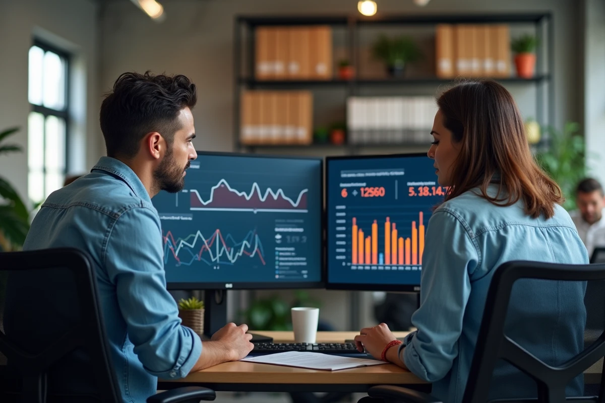 Deux dirigeants B2B consultant un outil SaaS de calcul du seuil de rentabilité sur double écran dans un bureau tech moderne