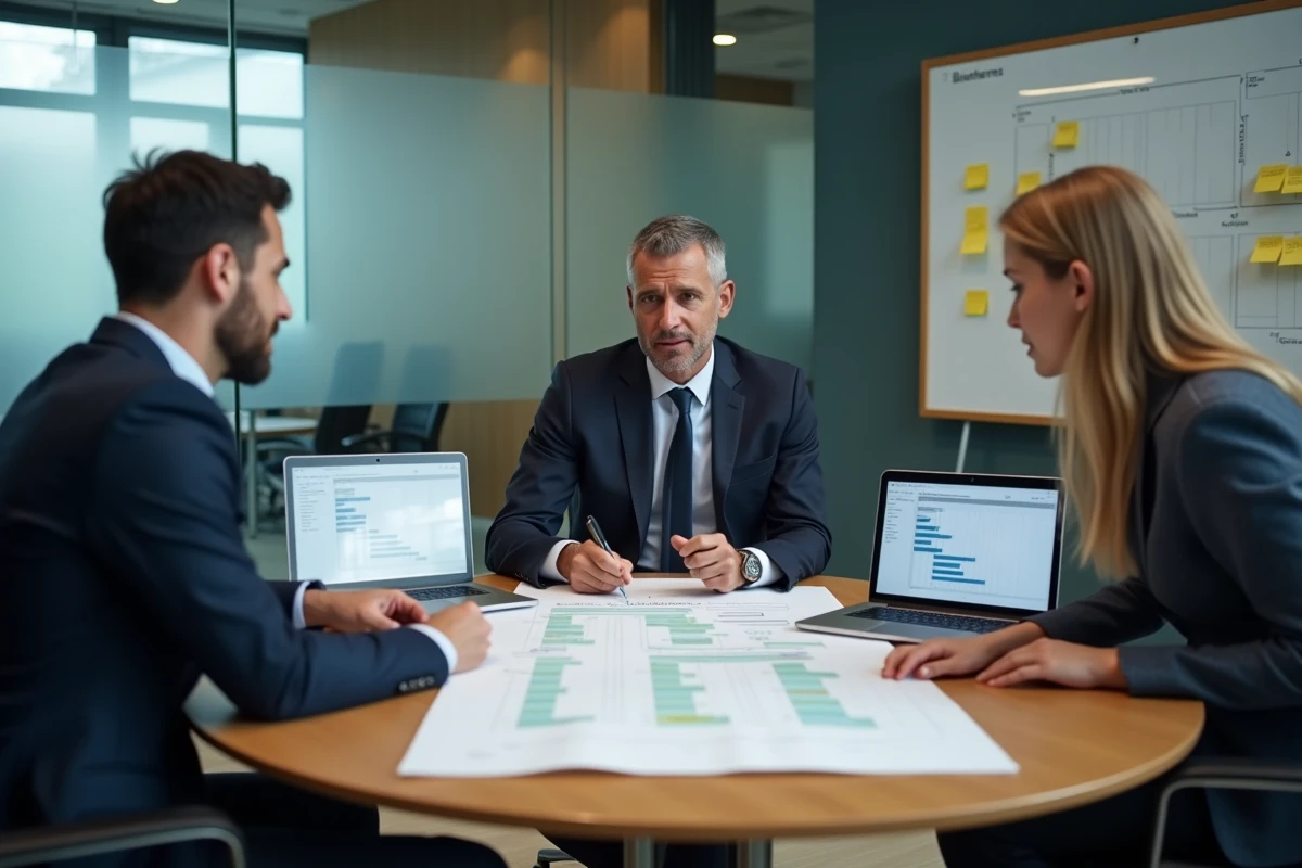 Équipe de dirigeants analysant une feuille de route de projets autour d'une table de réunion avec des outils de gestion de portefeuille