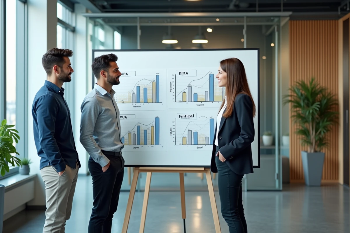 Equipe diversifiee discutant devant tableau blanc avec graphiques