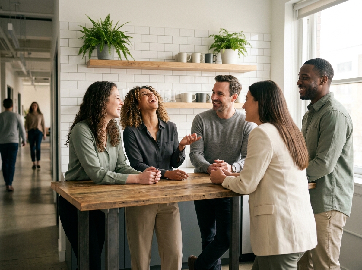 Équipe diverse et authentique échangeant dans la cuisine d'une entreprise, illustrant une culture de travail positive