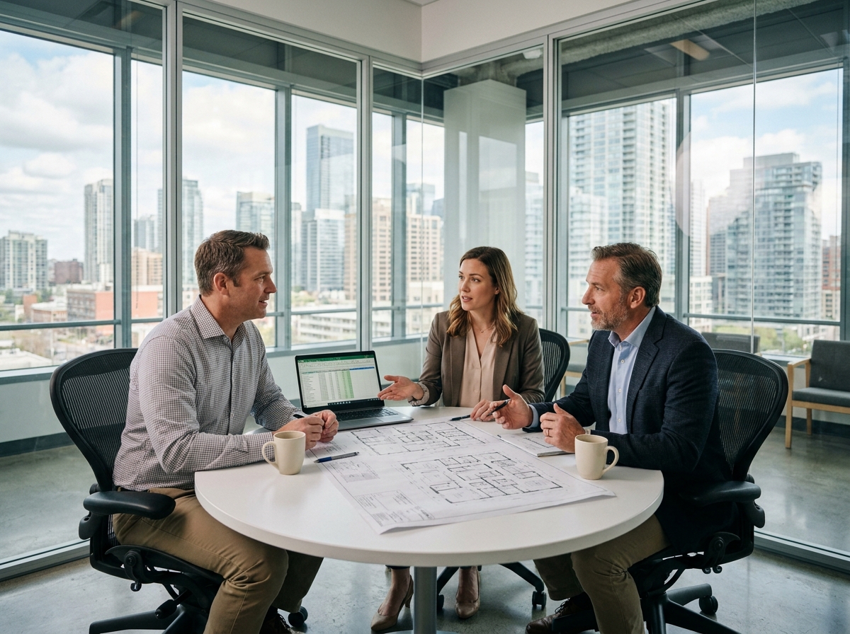 Équipe de facility management en réunion autour de plans d'aménagement dans une salle de conférence moderne