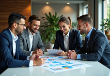 Stratégies marketing : Quatre clés de réussite à connaître Groupe de professionnels en réunion marketing dynamique