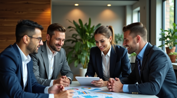 Stratégies marketing : Quatre clés de réussite à connaître Groupe de professionnels en réunion marketing dynamique