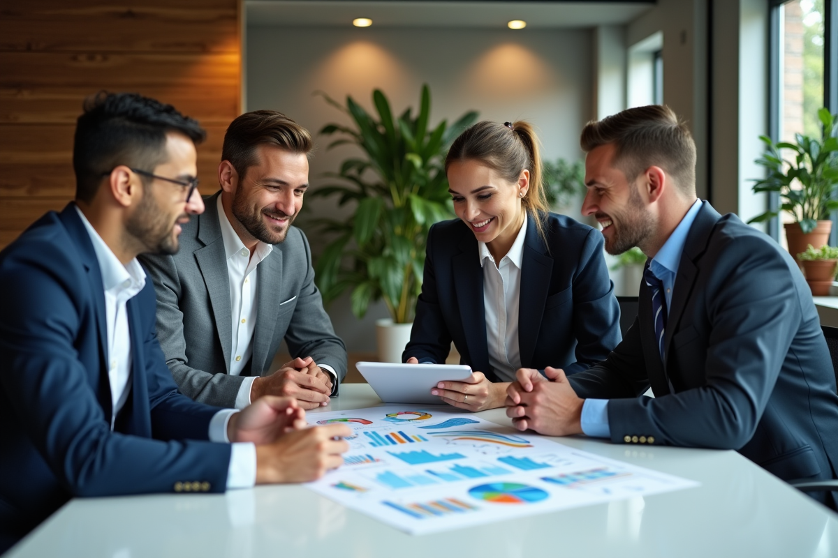 Groupe de professionnels en réunion marketing dynamique