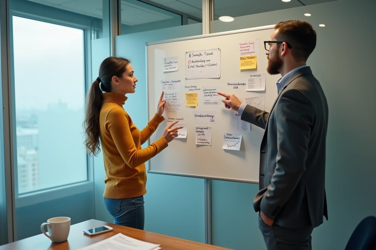 Équipe de PME élaborant ensemble une stratégie rentable de publicité PPC devant un tableau blanc
