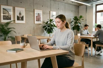 Femme travaillant dans un espace de coworking moderne à Vienne avec un ordinateur portable sur un bureau en bois