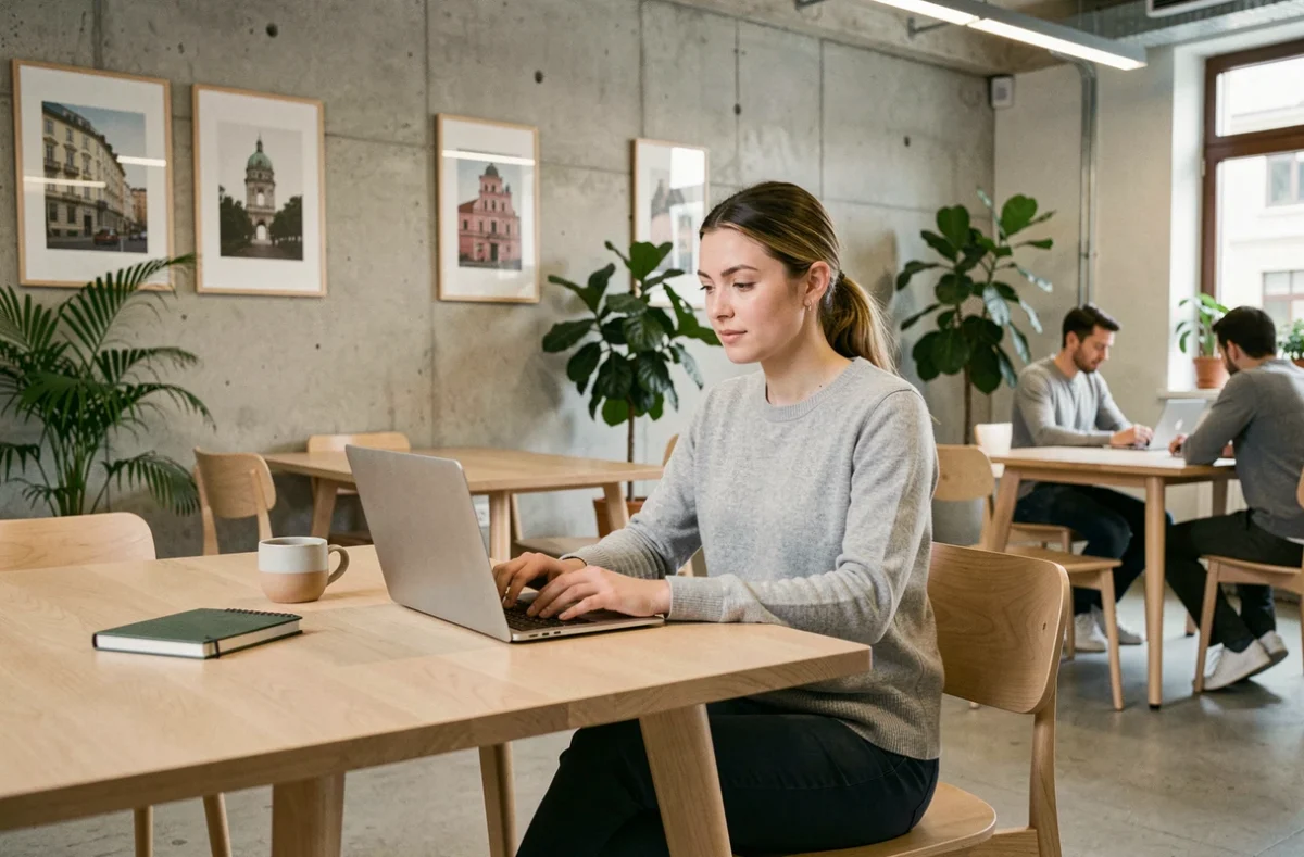 Femme travaillant dans un espace de coworking moderne à Vienne avec un ordinateur portable sur un bureau en bois