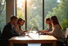 Espace de travail serein avec professionnels collaborant