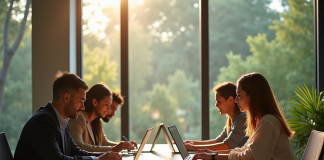 Espace de travail serein avec professionnels collaborant
