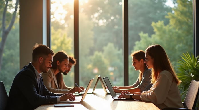 Espace de travail serein avec professionnels collaborant