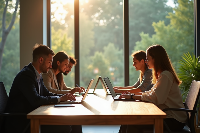 Espace de travail serein avec professionnels collaborant