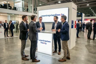 Entrepreneurs français en discussion animée autour d'un stand lors de l'événement Lesentreprisesfrenchy 2026 dans un centre de congrès moderne