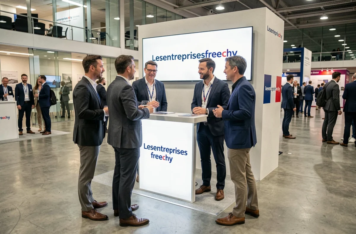Entrepreneurs français en discussion animée autour d'un stand lors de l'événement Lesentreprisesfrenchy 2026 dans un centre de congrès moderne