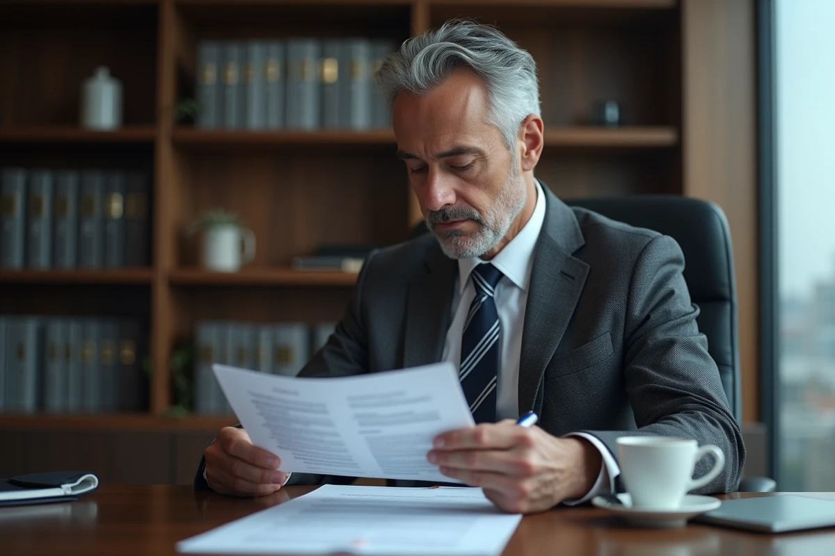 Homme d'affaires examinant attentivement un contrat commercial dans un bureau exécutif, stylo en main