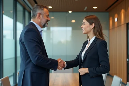 Homme d'affaires en costume marine serre la main d'une jeune entrepreneuse
