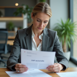 Femme d affaires lisant un rapport sectoriel dans un bureau moderne