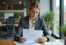 Femme d affaires lisant un rapport sectoriel dans un bureau moderne
