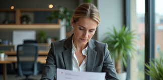 Femme d affaires lisant un rapport sectoriel dans un bureau moderne
