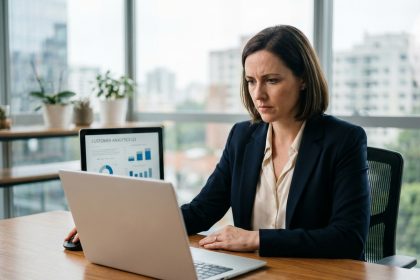 Femme d'affaires analysant des données dans un bureau moderne