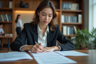 Jeune femme d'affaires examine un formulaire au bureau