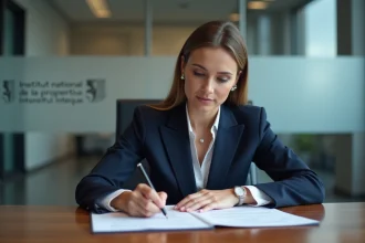 Femme d'affaires en costume navy dans un bureau moderne