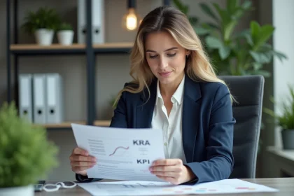 Femme d'affaires en réunion avec graphique KPI et KRA