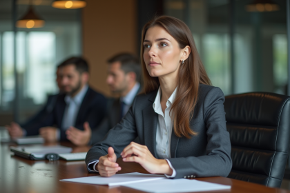Femme d'affaires concentrée lors d'une réunion en entreprise
