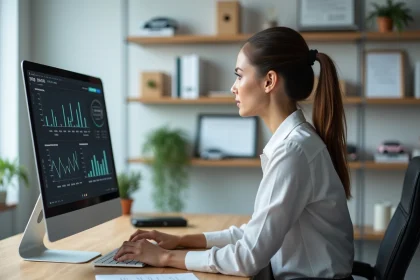 Femme en analyse de graphiques dans un bureau moderne