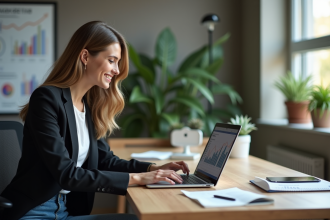 Jeune femme professionnelle analysant des statistiques sur son ordinateur