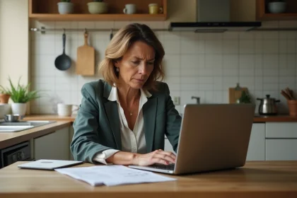 Femme d'âge moyen vérifiant ses finances à la maison