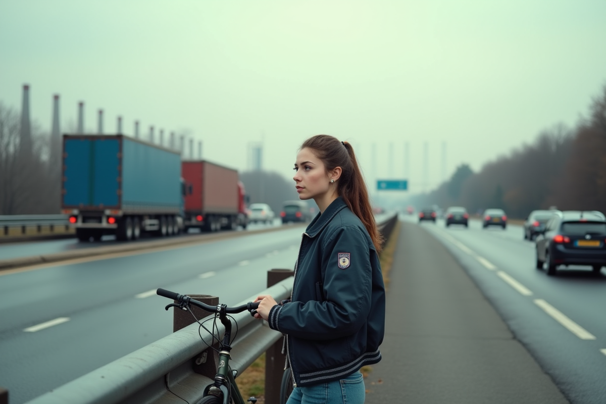 Jeune femme avec vélo sur une route urbaine