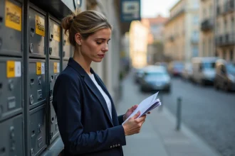 Femme triant son courrier devant une boite postale La Poste en milieu urbain
