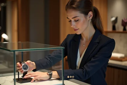 Jeune femme élégante admire une montre dans une boutique raffinée