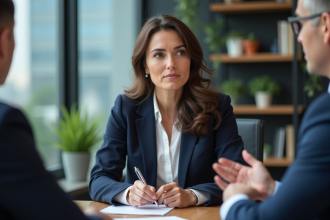 Femme en costume navy écoute son manager au bureau