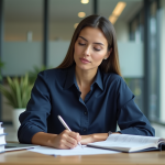 Femme concentrée au bureau avec ordinateur et livres de comptabilite