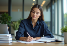 Optimisez vos compétences en comptabilité : minimiser la mémorisation en 2025 ! Femme concentrée au bureau avec ordinateur et livres de comptabilite