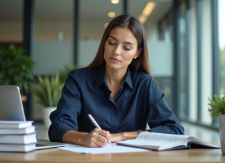 Femme concentrée au bureau avec ordinateur et livres de comptabilite