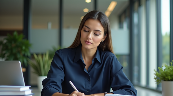 Femme concentrée au bureau avec ordinateur et livres de comptabilite