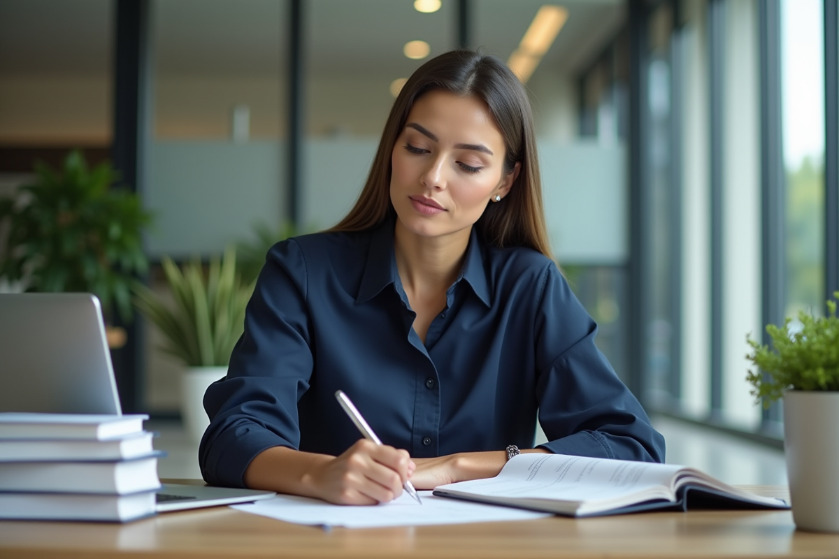 Femme concentrée au bureau avec ordinateur et livres de comptabilite