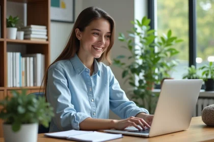 Jeune femme souriante dans un bureau lumineux et moderne
