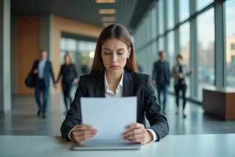 Jeune femme au bureau regardant une lettre avec doute
