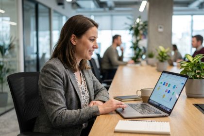 Femme en bureau moderne travaillant sur un ordinateur