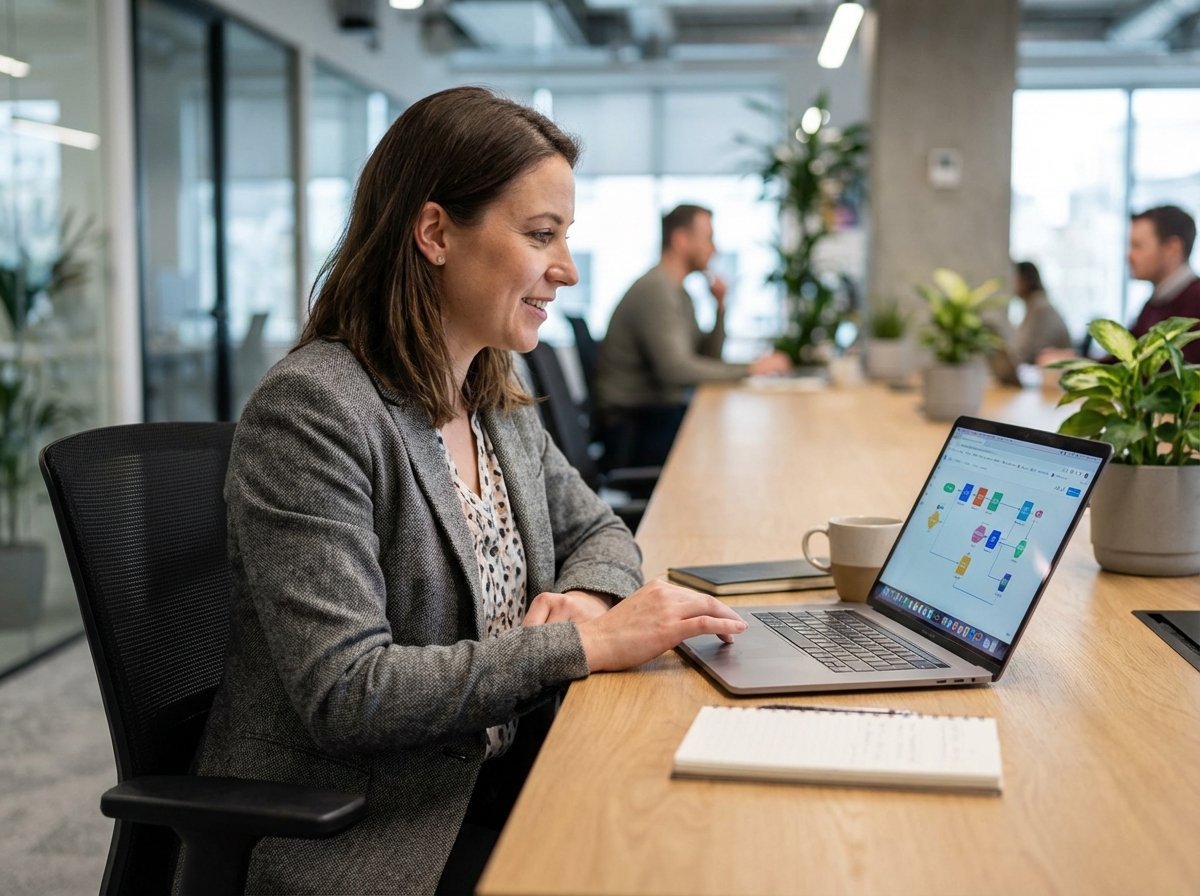 Femme en bureau moderne travaillant sur un ordinateur
